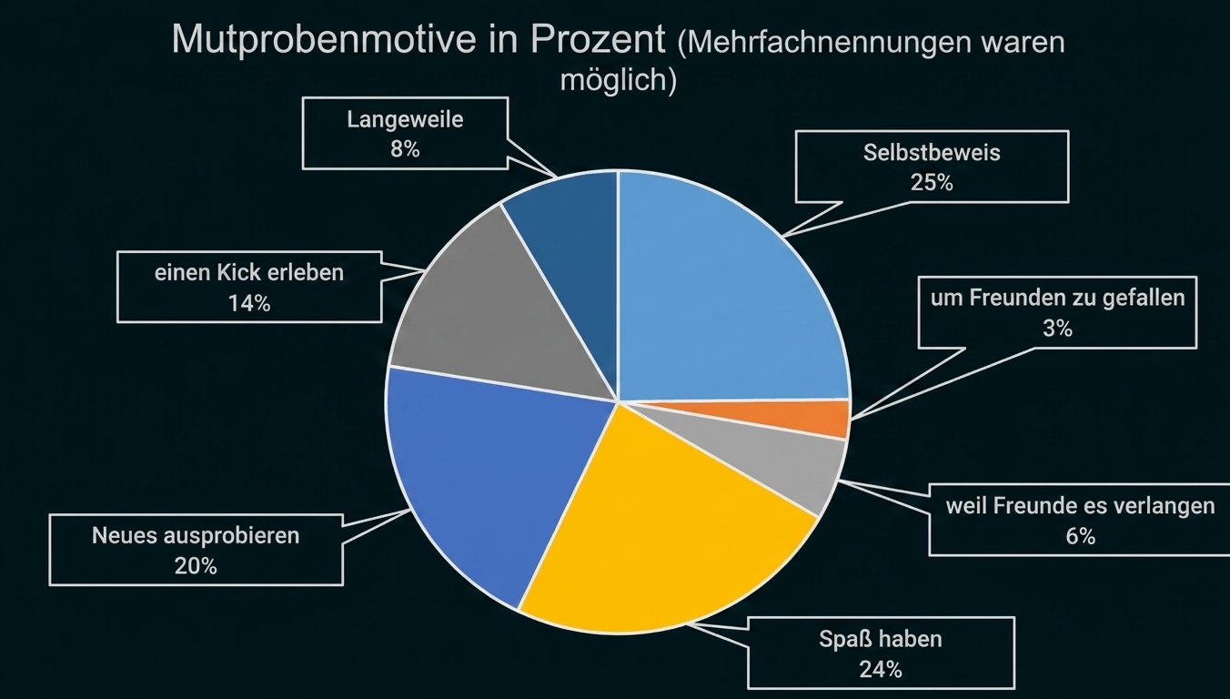Kreisdiagramm: Motive für Mutproben mit Prozentangaben (Selbstbeweis 25%, Spaß 24%, Neues ausprobieren 20%)